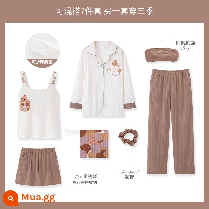 Yu Zhaolin 2022 bộ đồ ngủ bằng cotton nguyên chất dành cho nữ mới có đệm ngực dài tay mùa xuân và mùa thu bộ đồ bảy mảnh mùa thu dịch vụ tại nhà - Cà phê Nâu YZL-XT2213