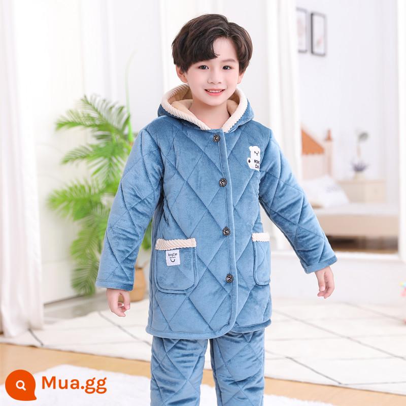 Bộ đồ ngủ trẻ em mùa đông dày bé trai và bé gái flannel cotton trẻ em nỉ san hô nhà đồng phục bóng chày - Gấu Denim Trùm Đầu Màu Xanh Hoàng Gia 09