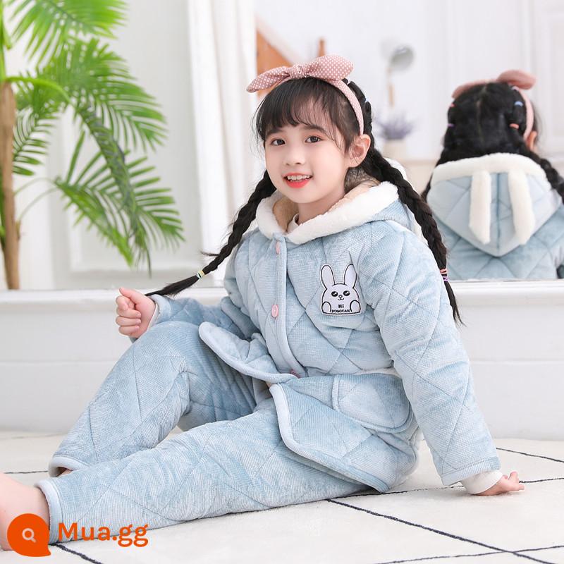 Bộ đồ ngủ trẻ em mùa đông dày bé trai và bé gái flannel cotton trẻ em nỉ san hô nhà đồng phục bóng chày - Trái cây trùm đầu màu xám vonfram Thỏ xanh 09