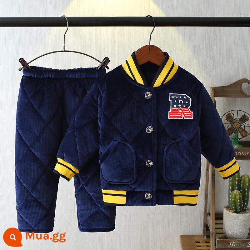 Bộ đồ ngủ trẻ em mùa đông dày bé trai và bé gái flannel cotton trẻ em nỉ san hô nhà đồng phục bóng chày - Bóng chày cổ chữ V màu xanh hải quân tươi sáng (R)