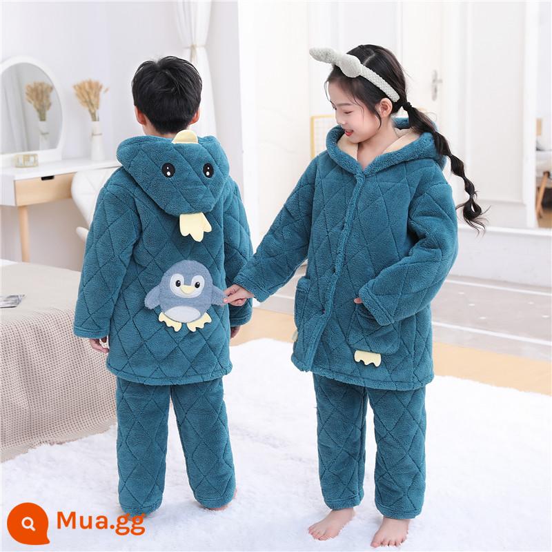 Bộ đồ ngủ trẻ em mùa đông dày bé trai và bé gái flannel cotton trẻ em nỉ san hô nhà đồng phục bóng chày - chim cánh cụt màu ngọc lam