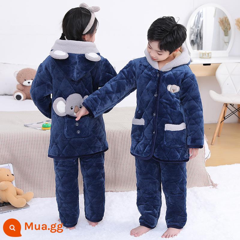 Bộ đồ ngủ trẻ em mùa đông dày bé trai và bé gái flannel cotton trẻ em nỉ san hô nhà đồng phục bóng chày - bầu trời đầy sao koala xanh