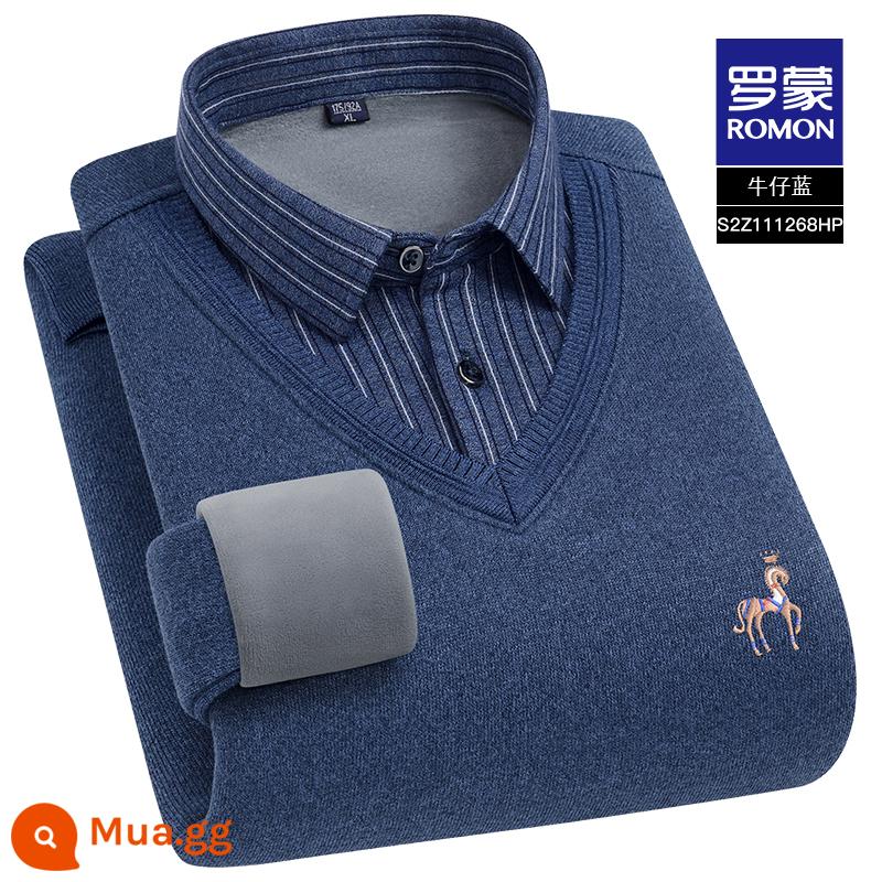 [Có len] Áo len lông cừu romon nam thời trang thu đông 2022 dày giả cổ áo sơ mi hai dây - S2Z111268HP Xanh Denim