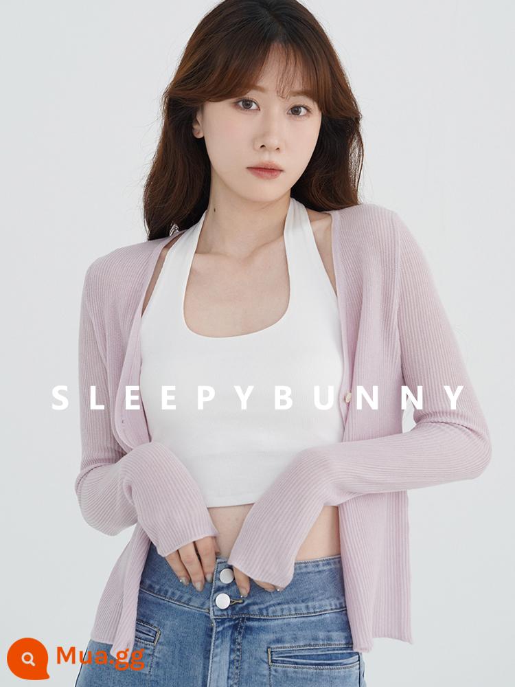 Áo Khoác Cardigan Dệt Kim Ngắn Sleepy Rabbit Mùa Hè 2023 Mỏng Cổ Chữ V Dài Tay Cho Nữ - Điểm hồng tím nhạt