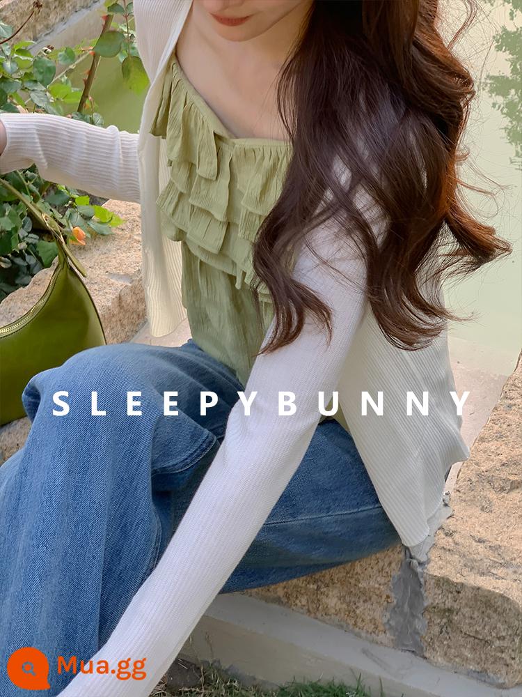 Áo Khoác Cardigan Dệt Kim Ngắn Sleepy Rabbit Mùa Hè 2023 Mỏng Cổ Chữ V Dài Tay Cho Nữ - Màu kem đã sẵn sàng