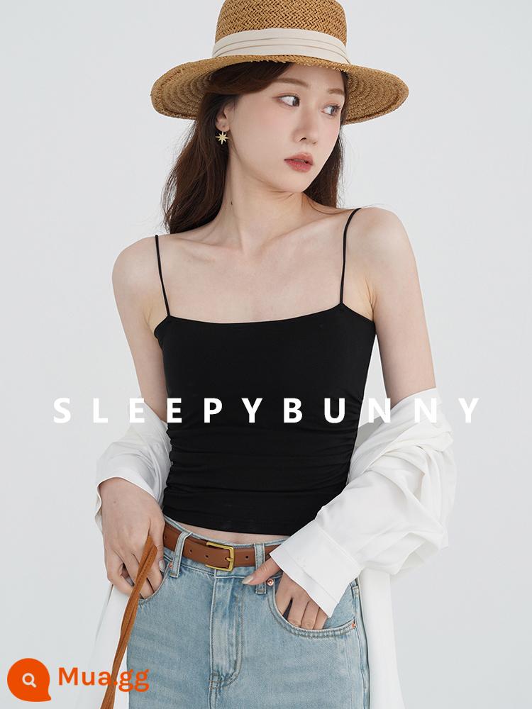 Sleepy Rabbit 2pcs-10 Tự Kèm Miếng Lót Ngực Miệng Dẹt Sling Áo Khoác Ngoài Đa Năng Mỏng Đồng Màu Vest Dệt Kim Mùa Hè Mặc Trong - đen