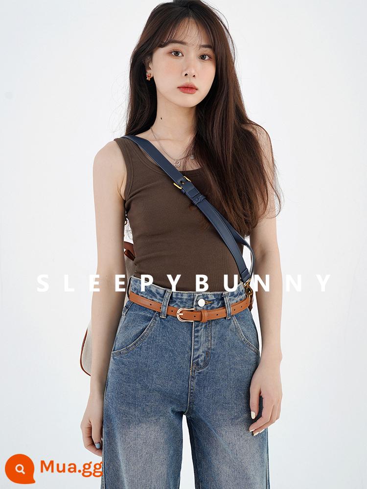 Buồn Ngủ Thỏ 1W + Cổ Vuông Nhỏ Áo Vest Nữ Mùa Hè Retro Slim Slim Đơn Giản Bên Trong Mặc Ngắn Yếm Top - Nâu sâm