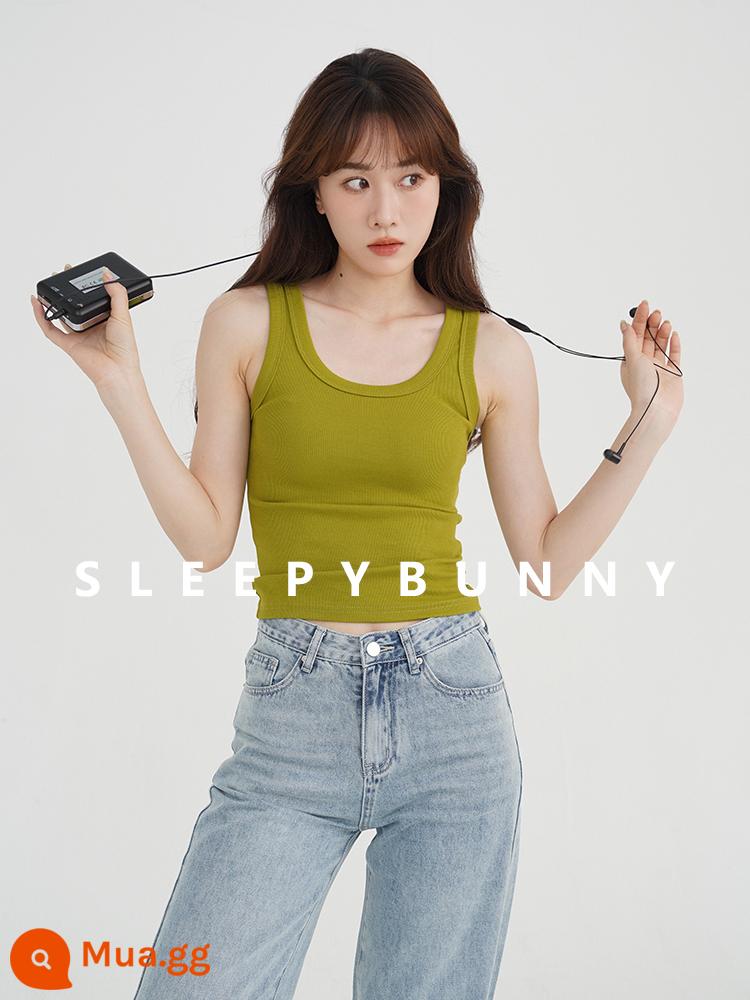 Buồn Ngủ Thỏ 1W + Cổ Vuông Nhỏ Áo Vest Nữ Mùa Hè Retro Slim Slim Đơn Giản Bên Trong Mặc Ngắn Yếm Top - quả bơ xanh