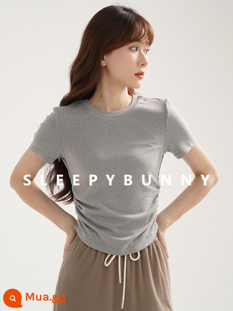 Sleepy Rabbit Cổ Tròn Trễ Vai Áo Thun Nữ Tay Ngắn Nữ Nhỏ Phong Cách Đơn Giản Eo Thon Ôm Ngắn Top - xám