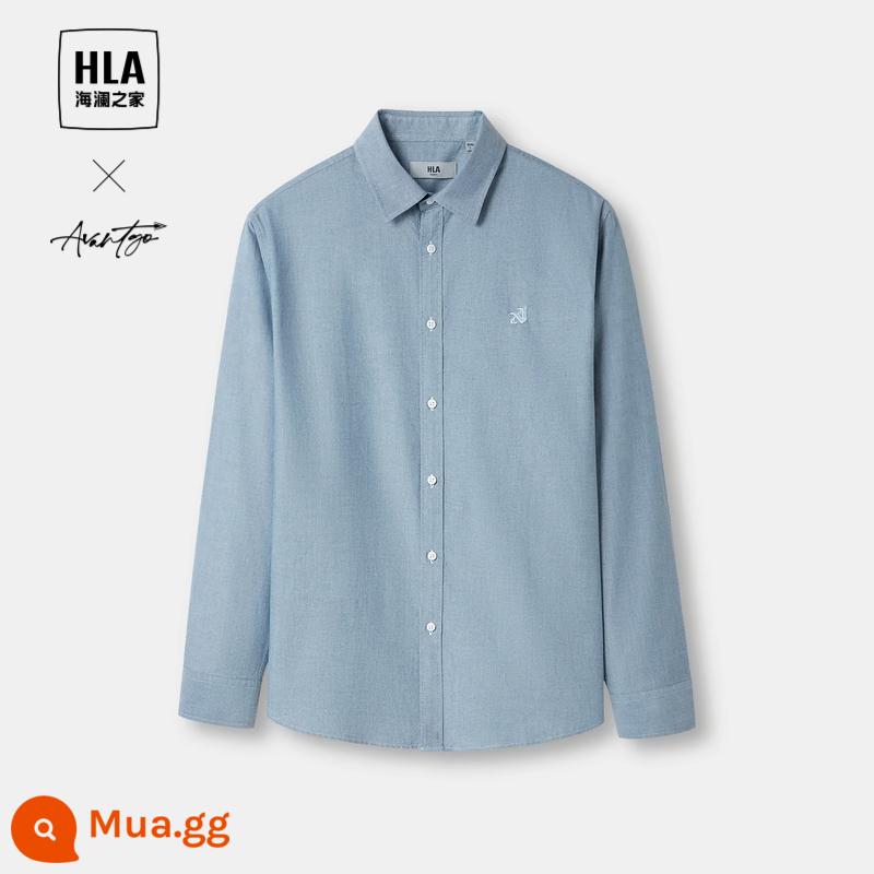 [Cotton Oxford kéo sợi] HLA/Hailan House Light Business Mùa xuân và mùa thu 2023 Áo sơ mi nam dài tay mới - Thêu ngực 21-Oxford màu xanh nhạt