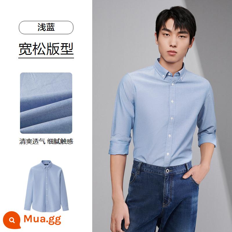 HLA/ Hailan House Cotton Họa Tiết Áo Sơ Mi Dài Tay Mùa Xuân Và Mùa Thu 2023 Mới Thêu Điểm Cổ Áo Sơ Mi Công Sở Nam - xanh nhạt 82