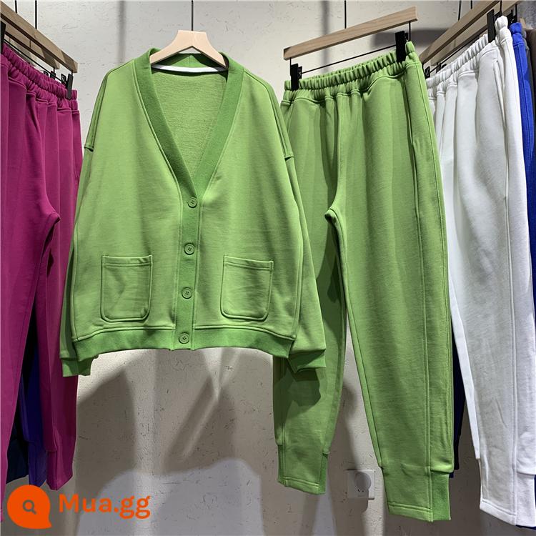 Mùa Xuân Và Mùa Thu 2022 Cotton Terry Thể Thao Và Giải Trí Áo Khoác Cardigan Và Quần Cotton Dày Dặn Bộ Hai Món Mỏng Và Size Lớn Nữ - cỏ xanh