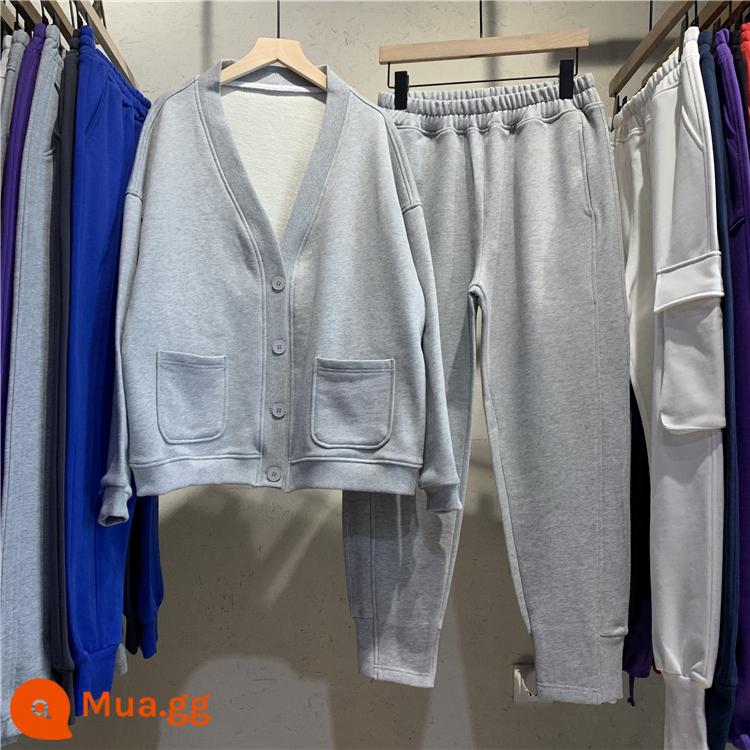 Mùa Xuân Và Mùa Thu 2022 Cotton Terry Thể Thao Và Giải Trí Áo Khoác Cardigan Và Quần Cotton Dày Dặn Bộ Hai Món Mỏng Và Size Lớn Nữ - xám