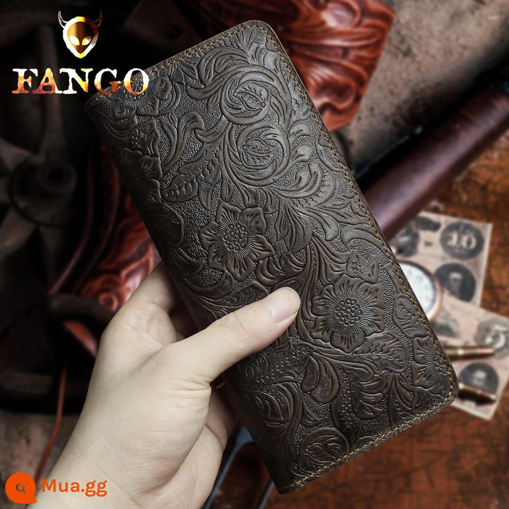 Ban Đầu Handmade Dài Phiên Bản Ví Da Bò Nam Nữ Retro Đơn Giản Ví Da Ngựa Điên Ví Da Cặp Đôi Ví Triều - chạm khắc màu nâu