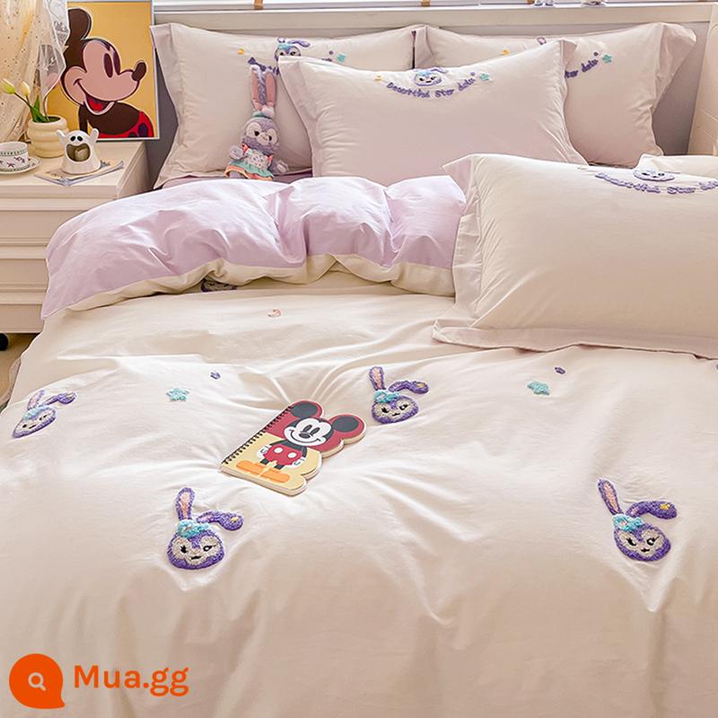 Bộ bốn mảnh cotton đã giặt sạch cotton nguyên chất không cotton 2024 phong cách mới giường ký túc xá đại học ba mảnh vỏ chăn 3 - [Disney Chính hãng] Star Dew