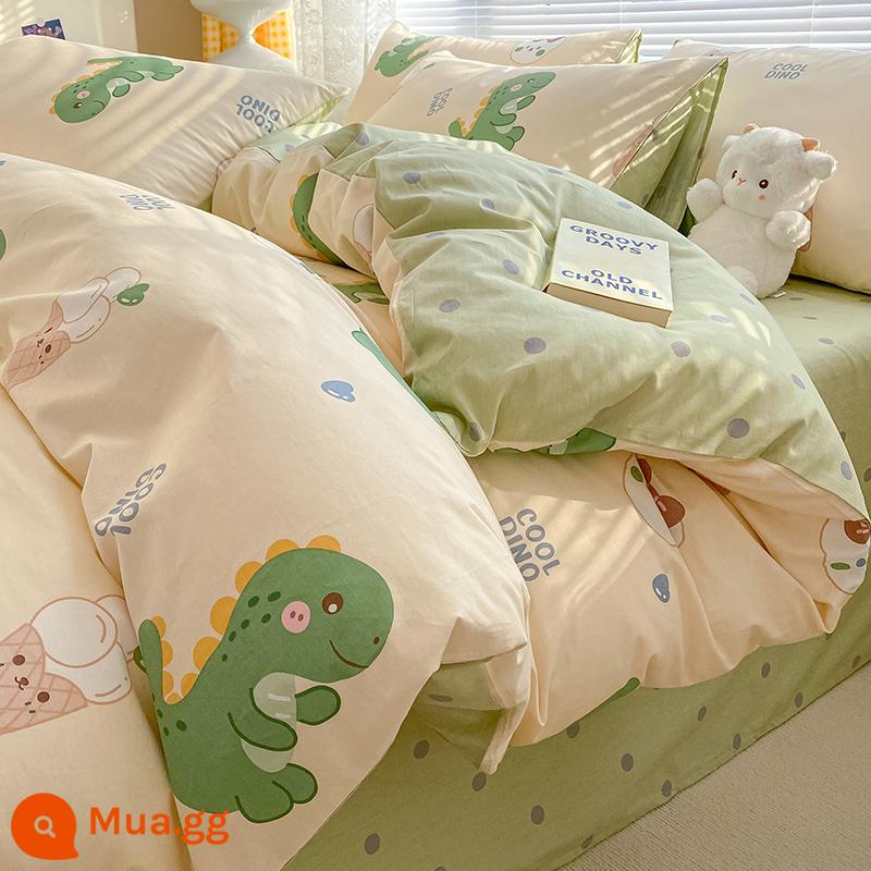 Ins hoạt hình cotton nguyên chất 100 cotton giường 4 bộ chăn ga gối dễ thương bé trai vỏ chăn 3 mảnh ga trải giường - Khủng long sức sống