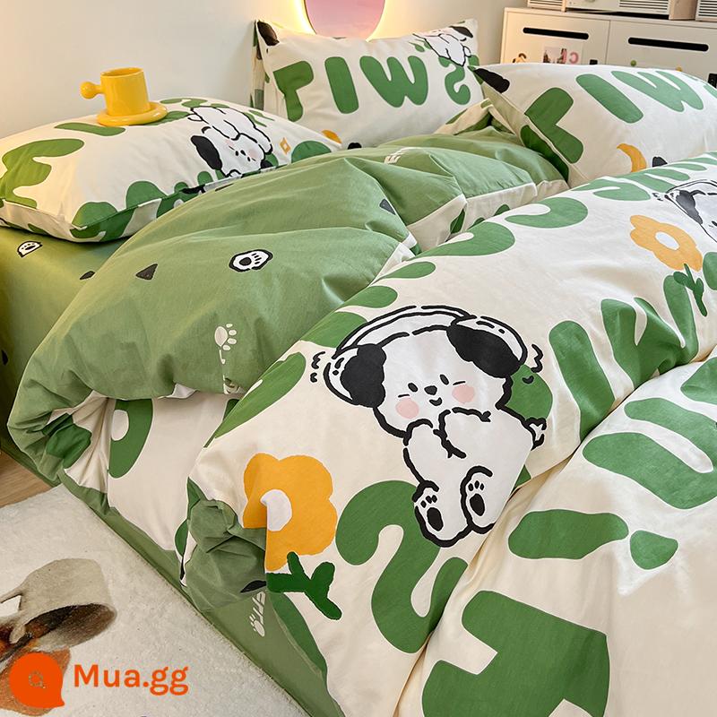 Ins gió hoạt hình giường cotton bốn món Bộ 100 cotton trẻ em bé trai ký túc xá bộ ba giường xuân thu vỏ chăn - con chó chữ màu xanh lá cây