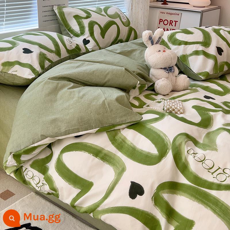 Đơn Giản Giường Cotton Bộ 4 Món 100 Lưới Cotton Đỏ Bắc Âu Bộ Chăn Ga Gối Ký Túc Xá 3 Vỏ Chăn Trang Bị tấm 4 - Tình yêu xanh [100% cotton chải kỹ, thân thiện với da và khỏa thân khi ngủ]