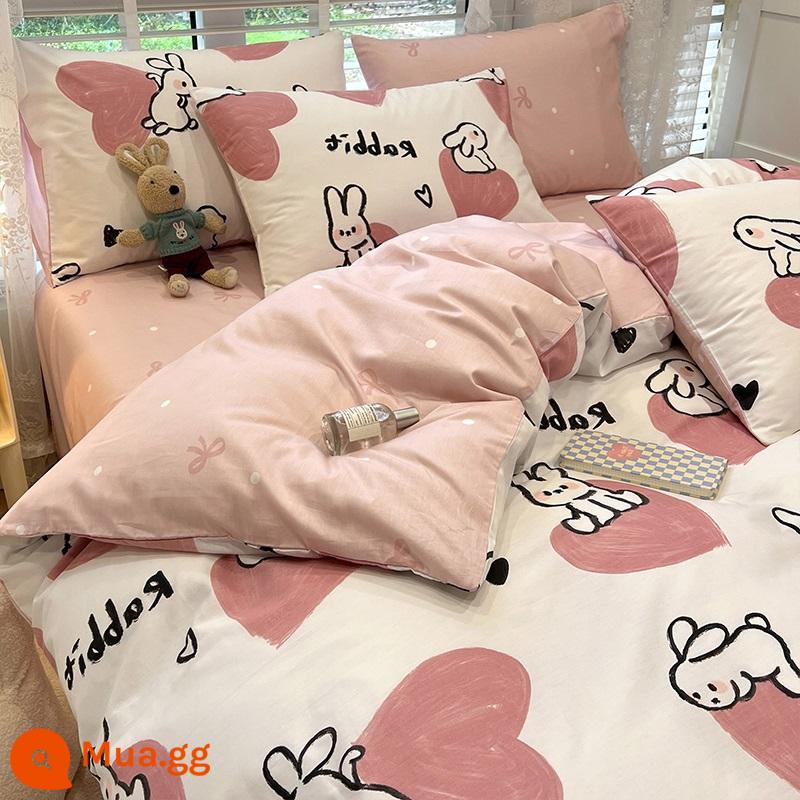 Ins Phong Cách Hoạt Hình Chăn Ga Gối Cotton Nguyên Chất Bộ 4 Món 100 Cotton Ký Túc Xá Sinh Viên Ga Giường Trang Bị Vỏ Chăn Bộ 3 Món - yêu thỏ