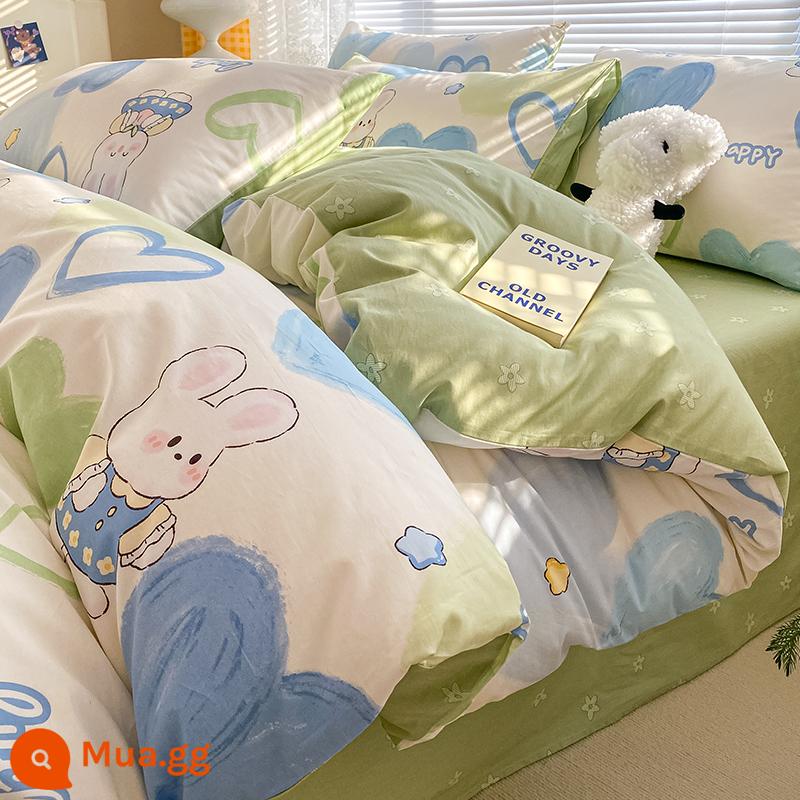 Ins hoạt hình cotton nguyên chất 100 cotton giường 4 bộ chăn ga gối dễ thương bé trai vỏ chăn 3 mảnh ga trải giường - tâm trạng xanh