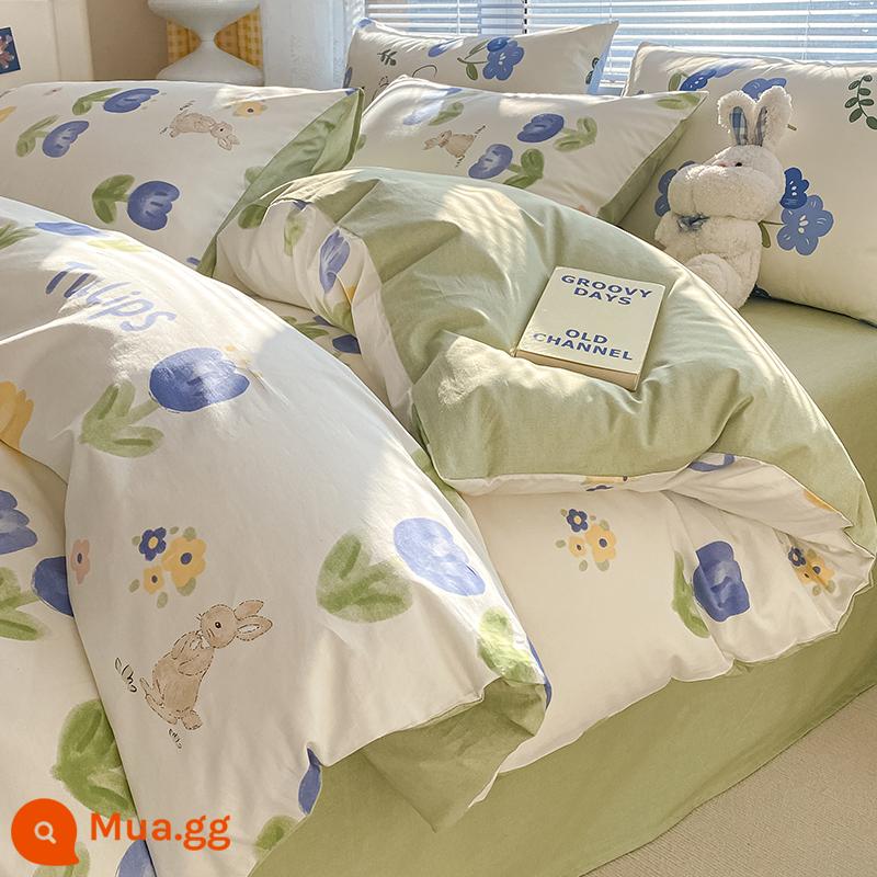 Ins hoạt hình cotton nguyên chất 100 cotton giường 4 bộ chăn ga gối dễ thương bé trai vỏ chăn 3 mảnh ga trải giường - thiên đường trong lành