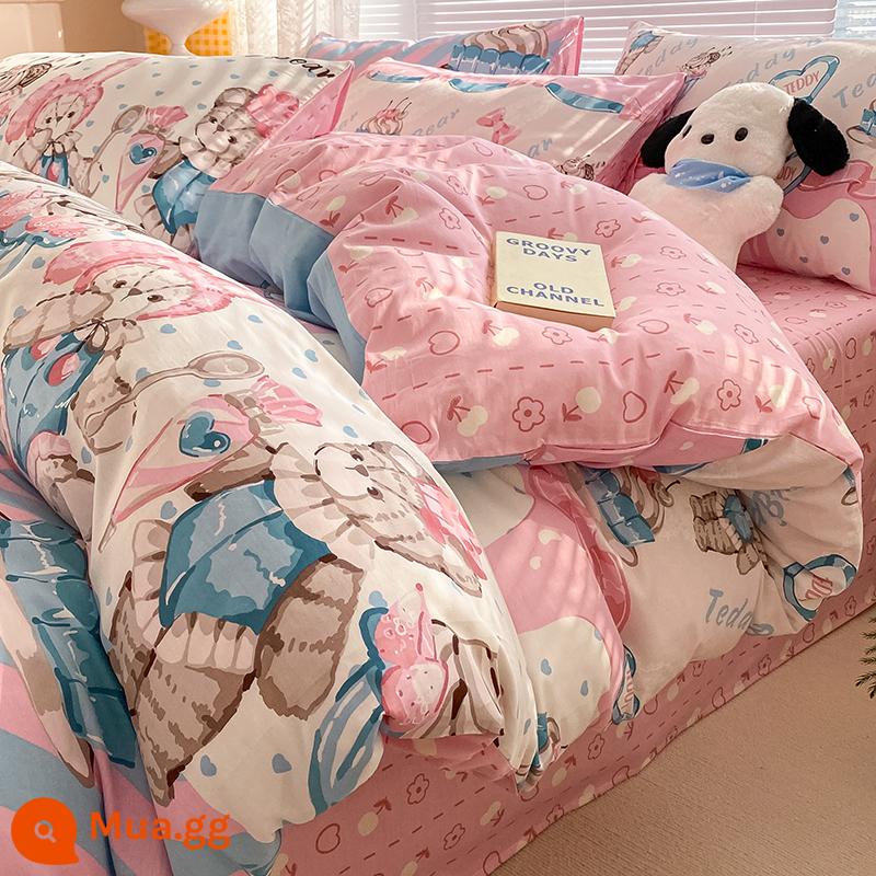 Ins hoạt hình cotton nguyên chất 100 cotton giường 4 bộ chăn ga gối dễ thương bé trai vỏ chăn 3 mảnh ga trải giường - lolita đen tối