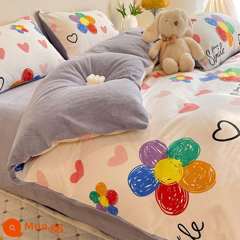 Phong Cách Bắc Âu Cotton Nguyên Chất Plus Nhung Giường 4 Bộ Nhung Sữa Chăn Ga Gối Cotton Mùa Đông Nỉ Dép Nỉ Vỏ Chăn Ga Gối - tình yêu hướng dương