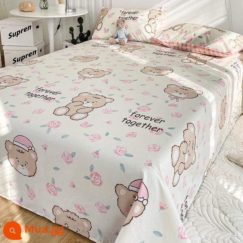 Hoạt Hình 100 Tấm Cotton Một Mảnh Ký Túc Xá Trẻ Em Đơn Đôi Chăn Đơn Học Sinh Cậu Bé Áo Gối Ba Bộ - bột gấu hoa hồng