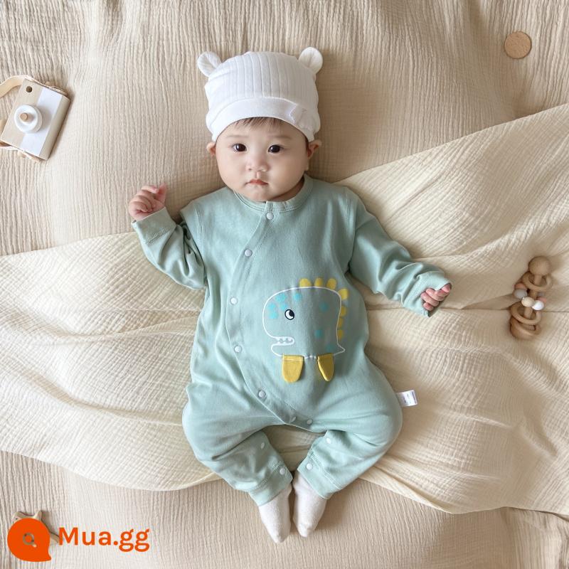 Bộ áo liền quần cotton nguyên chất cho bé, quần áo trẻ em mùa xuân thu, bộ áo liền quần dài tay hoạt hình bé trai và bé gái, quần áo trẻ mới biết đi cho tất cả các mùa - Bộ áo liền quần khủng long ba chiều màu xanh lá cây