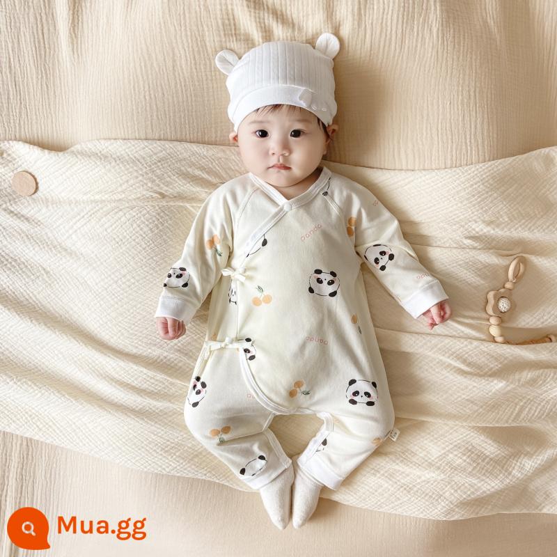 Quần áo trẻ em bốn mùa, xuân thu, áo liền quần bảo vệ bụng bé, bộ đồ cotton nguyên chất cho trẻ sơ sinh, áo nỉ dài tay, áo liền quần - Bộ áo liền quần bảo vệ bụng gấu kho báu quốc gia màu be