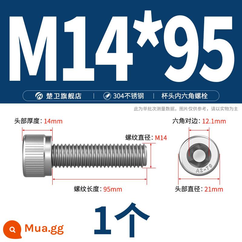 Thép không gỉ 304 cốc đầu lục giác vít đầu trụ vít nối dài 10mm bu lông M2M3M4M5M6M8 - M14*95 (1 cái)