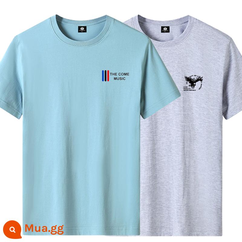 Hai Mảnh 2023 Mới 100% Cotton Áo Thun Nam Size Lớn Rời Cổ Tròn In Xu Hướng Đáy Áo Sơ Mi Áo Thun - 6 màu xanh nhạt + đại bàng nhỏ màu xám nhạt 2 chiếc