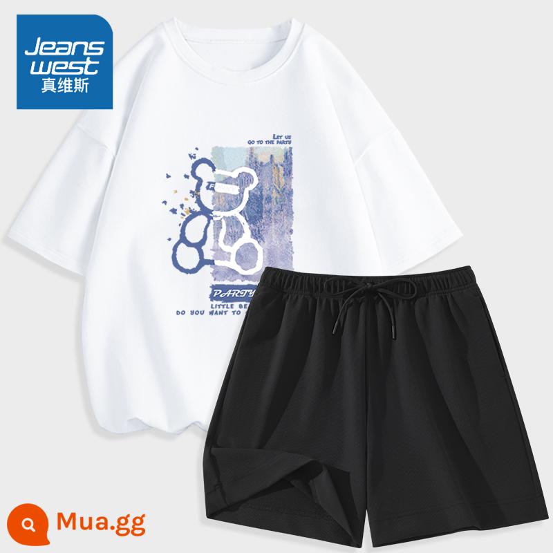 Bộ đồ thể thao Jeanswest mùa hè nữ mùa hè 2023 cotton mới ngắn tay băng lụa quần short giản dị PC hai mảnh - Trắng (gấu xanh) + quần đen (màu trơn)