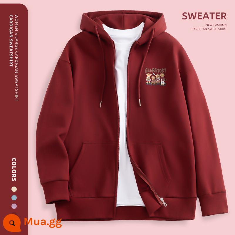 Jeanswest Áo Có Mũ Áo Khoác Nữ Xuân Thu 2023 Mới Size Lớn Nữ Sơn Đông Jimo Dây Kéo Cardigan PC - [Phong Cách Xuân Thu 330g Tơ Sữa] Đỏ Maroon (Nhãn Dán Ngực Camellia Party)