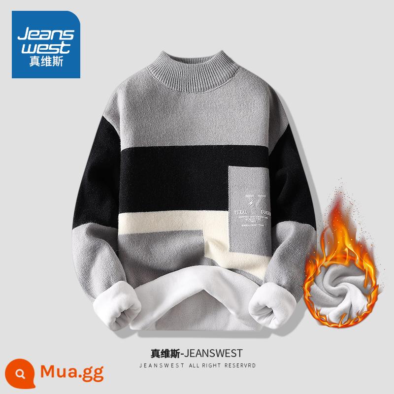 Jeanswest áo len nam mùa thu đông Plus nhung dày ấm giữa cổ cao thanh niên đáy áo sơ mi quần áo mùa đông - 6662 màu xám cộng với nhung