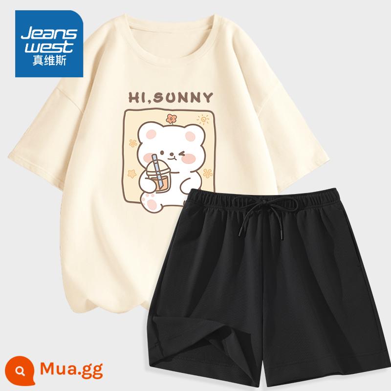 Bộ đồ thể thao Jeanswest mùa hè nữ mùa hè 2023 cotton mới ngắn tay băng lụa quần short giản dị PC hai mảnh - Trắng sữa (Juice Bear) + Quần đen (Trơn màu)