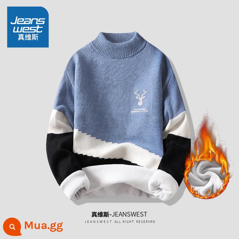 Jeanswest áo len nam mùa thu đông Plus nhung dày ấm giữa cổ cao thanh niên đáy áo sơ mi quần áo mùa đông - 66666 xanh cộng với nhung