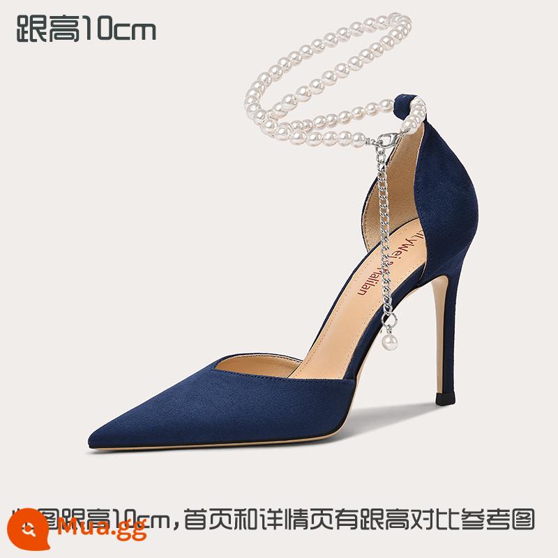 Lily Wei2023 giày cao gót ngọc trai mùa hè size lớn 40-43 gót đẹp 41 xăng đan nữ size nhỏ 313233 Baotou - Xanh navy [cao gót 10cm]