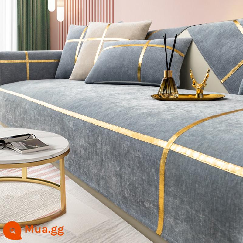 Mùa đông chenille màu hồng sofa đệm ánh sáng sang trọng bốn mùa phổ chống trượt hiện đại tối giản bọc da bao vải - BBG-Xanh ngọn lửa-Vàng viền-Xám khói