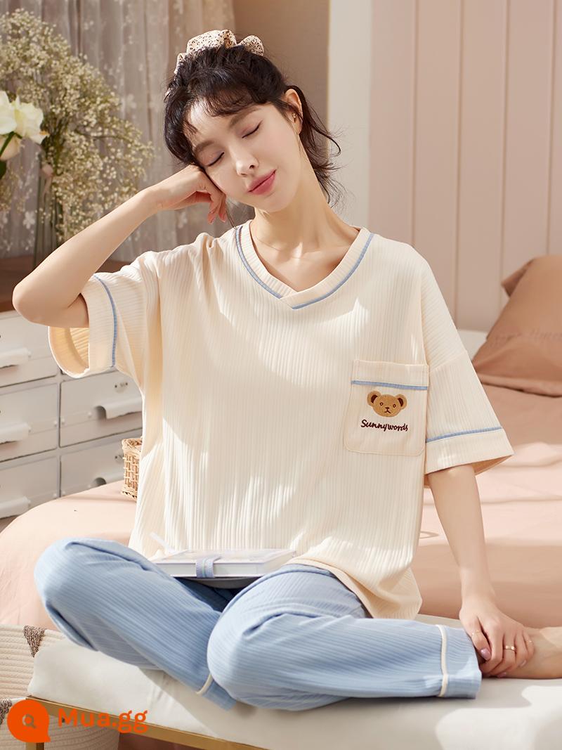 Nanjiren quần dài tay ngắn Bộ đồ ngủ cotton mùa hè nữ 2023 mới kích thước lớn quần áo mặc nhà mùa xuân và mùa thu cho nữ - PK7221