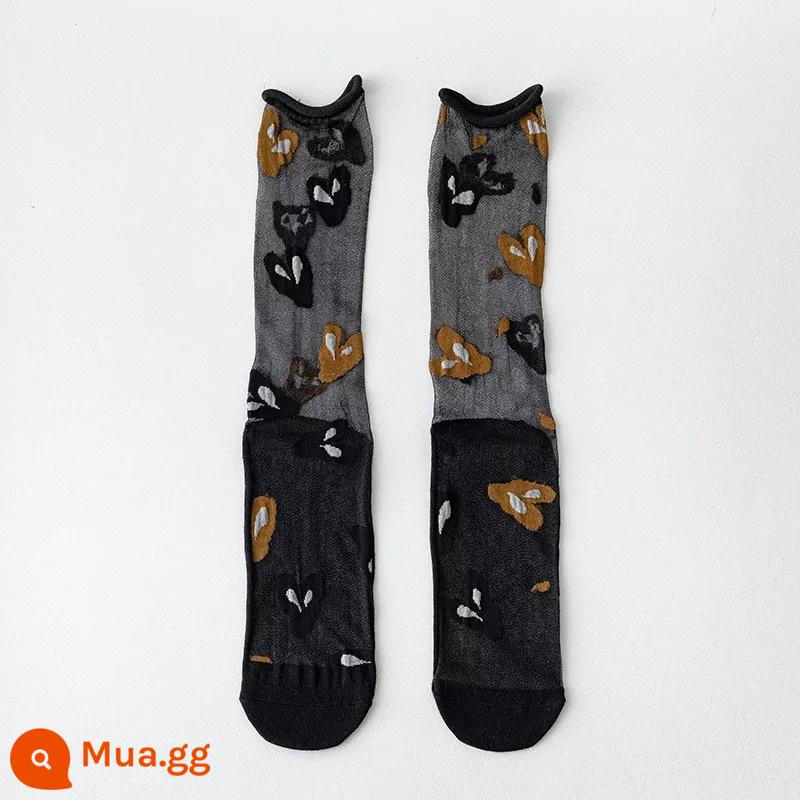 CrazySox tất nghệ thuật mới của Pháp dành cho nữ, tất thủy tinh bất đối xứng mỏng AB, tất dài đến giữa bắp chân cho nữ - tim đen