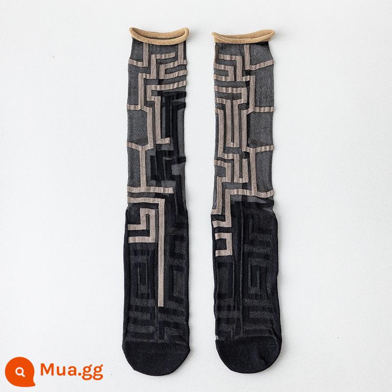 CrazySox tất nghệ thuật mới của Pháp dành cho nữ, tất thủy tinh bất đối xứng mỏng AB, tất dài đến giữa bắp chân cho nữ - vật tổ nền đen