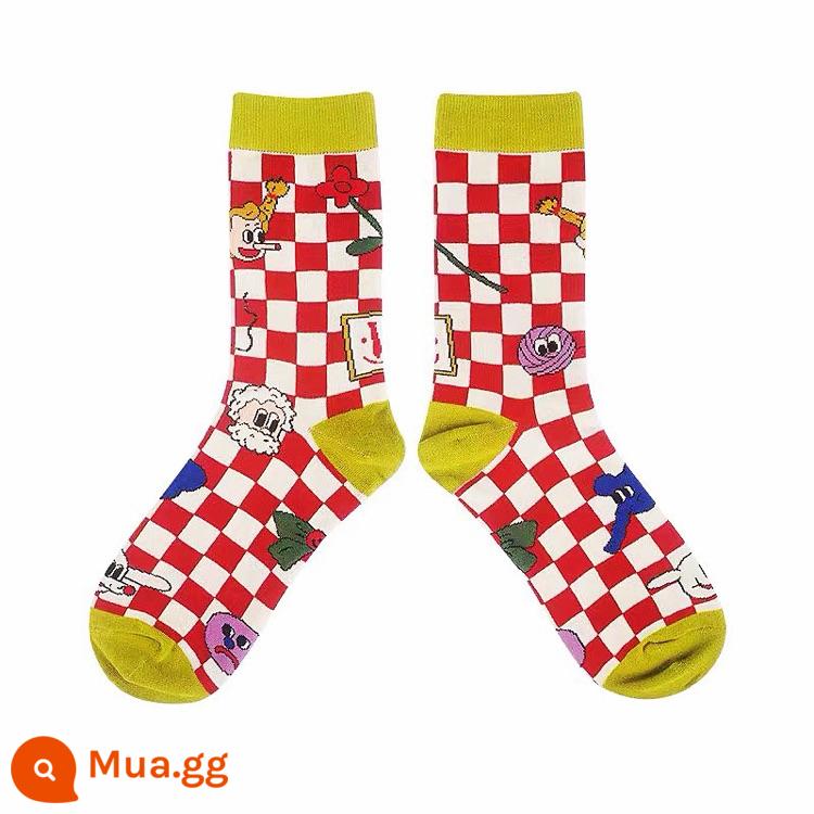 CrazySocks minh họa cổ điển loạt ma thuật dễ thương vớ thể thao vớ cotton giữa ống vớ nam và nữ triều vớ - Ca rô đỏ trắng 35-42