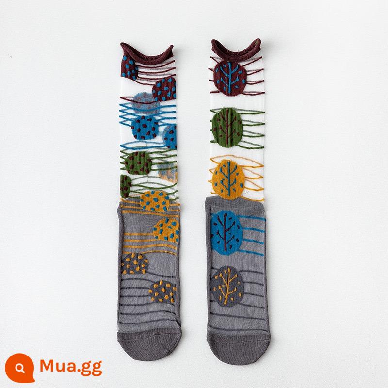 CrazySox tất nghệ thuật mới của Pháp dành cho nữ, tất thủy tinh bất đối xứng mỏng AB, tất dài đến giữa bắp chân cho nữ - lá năm màu