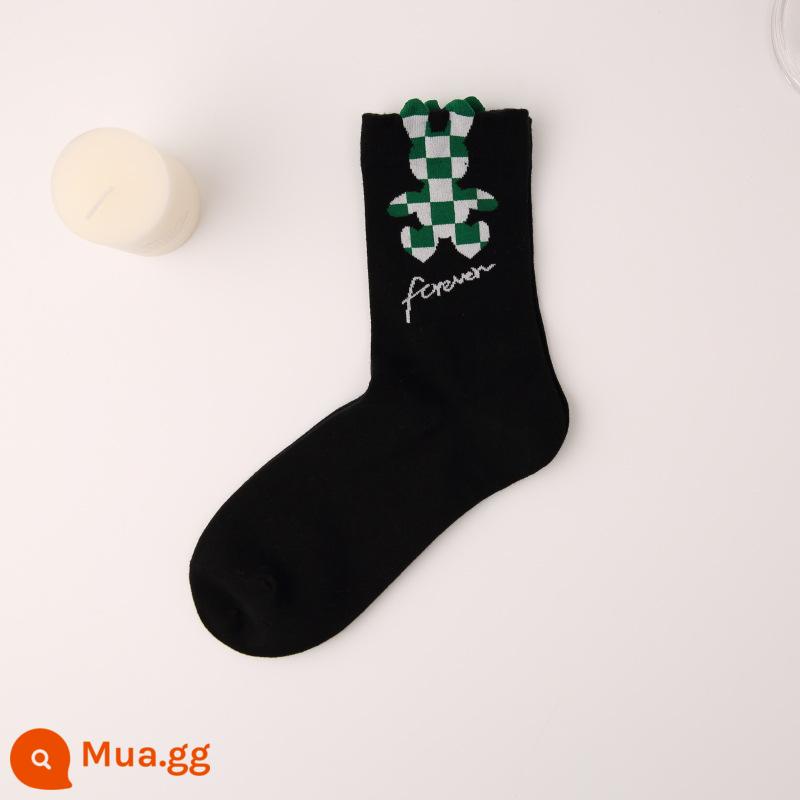 CrazySox Tất Nữ Ban Đầu Ins Xu Hướng Vừa Ống Tất Nơ Ba Chiều Hoa Đôi Tất Cotton Cờ Thỏ - Thỏ kẻ sọc xanh trên nền đen