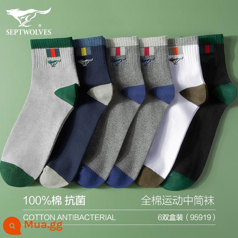 Vớ Septwolves nam cotton nguyên chất mùa đông khử mùi và thấm hút mồ hôi 100% cotton ống trung vớ nam ống ngắn thể thao - [Vớ cotton kháng khuẩn thông thường] hộp 6 đôi