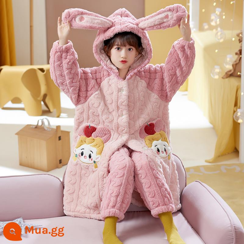 Nữ pyjamas có hương vị cho trẻ em mùa thu và mùa đông cộng với nhung dày san hô cô gái trung bình Phiên bản dài 2022 Bộ đồ quần áo gia đình - 32010[áo ngủ + quần]