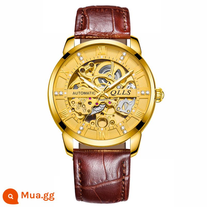 Mới 2023 Nam Đồng Hồ Cơ Tự Động Chính Hãng Dạ Quang Chống Nước Rỗng Tourbillon Học Sinh Trung Học Nam Đồng Hồ - Dây nâu-vỏ vàng mặt vàng-8075-bảo hành trọn đời