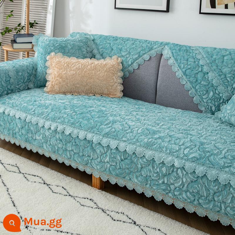 Hoa hồng nhung mùa đông dày sang trọng đệm sofa 2022 mới đệm chống trượt mùa đông bọc ghế sofa da khăn bọc vải - Màu xanh nhung hồng