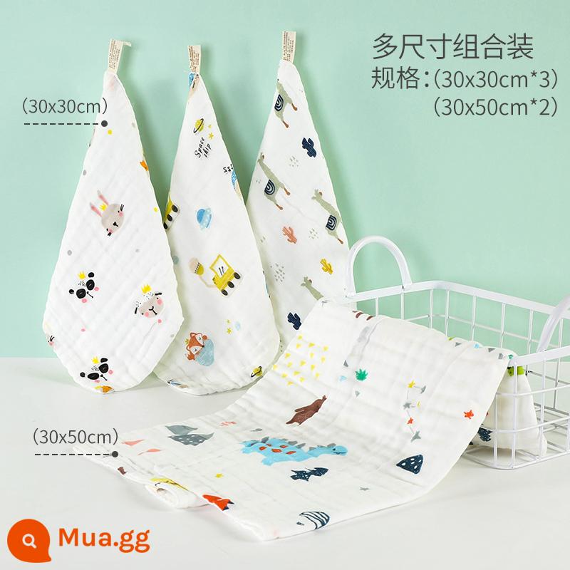 Khăn Gạc Cho Bé Khăn Rửa Mặt Cotton Nguyên Chất Khăn Thấm Nước Bọt Cho Bé Siêu Mềm Tắm Trẻ Sơ Sinh Khăn Vuông Nhỏ Khăn ợ - Gói Hỗn Hợp Khủng Long 5 (30x30cm*3+30x50cm*2) (nâng cấp kháng khuẩn)